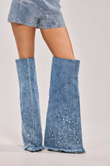 AKIRA WHYNOT DENIM RHINESTONE EMBELLISHED WEDGE BOOT