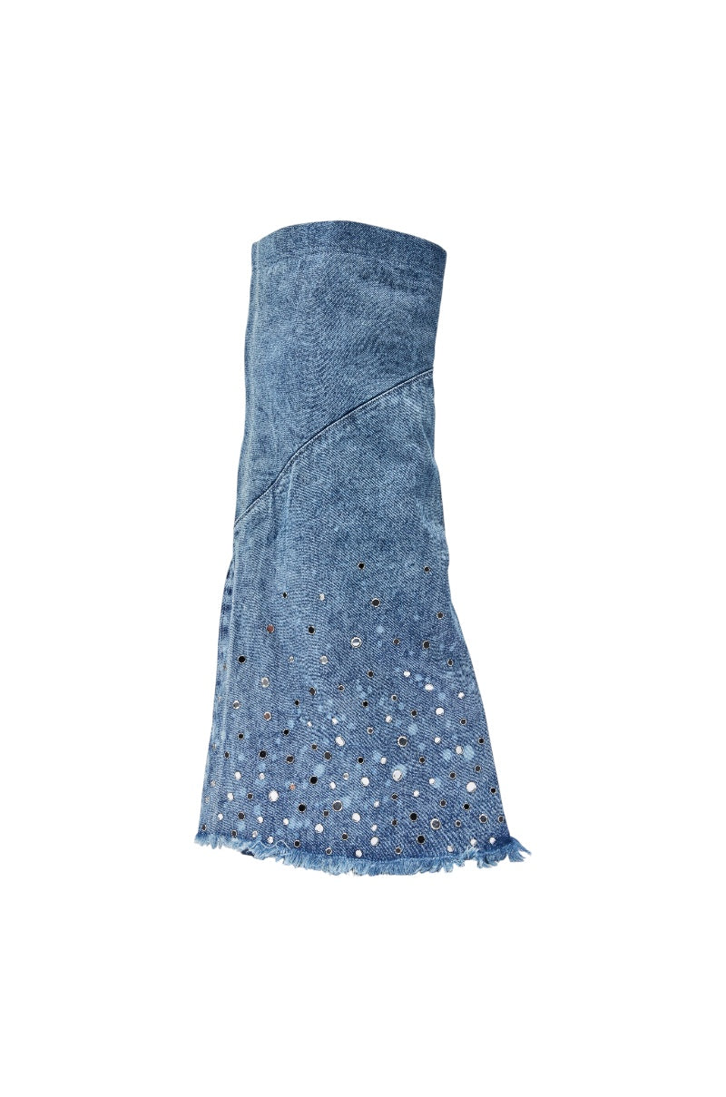 AKIRA WHYNOT DENIM RHINESTONE EMBELLISHED WEDGE BOOT