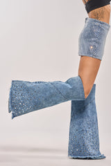 AKIRA WHYNOT DENIM RHINESTONE EMBELLISHED WEDGE BOOT