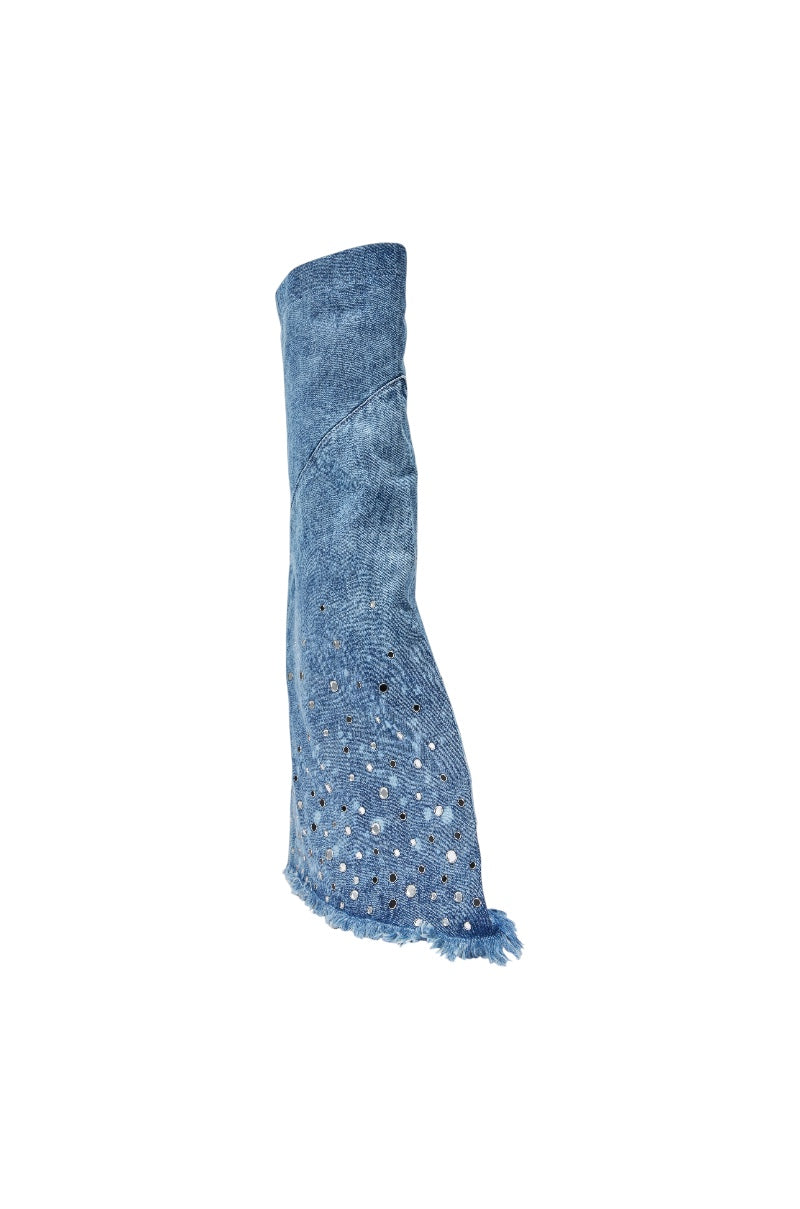 AKIRA WHYNOT DENIM RHINESTONE EMBELLISHED WEDGE BOOT
