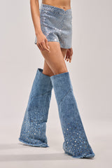 AKIRA WHYNOT DENIM RHINESTONE EMBELLISHED WEDGE BOOT