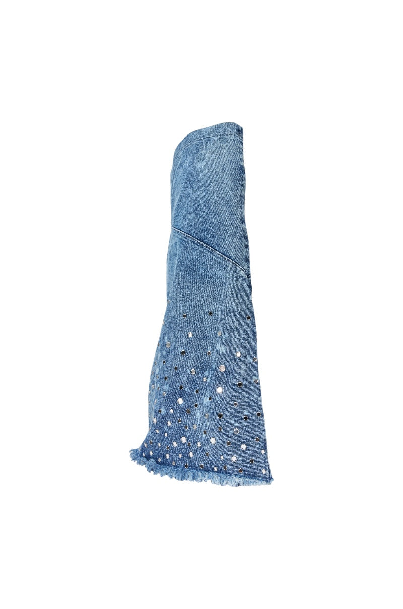 AKIRA WHYNOT DENIM RHINESTONE EMBELLISHED WEDGE BOOT