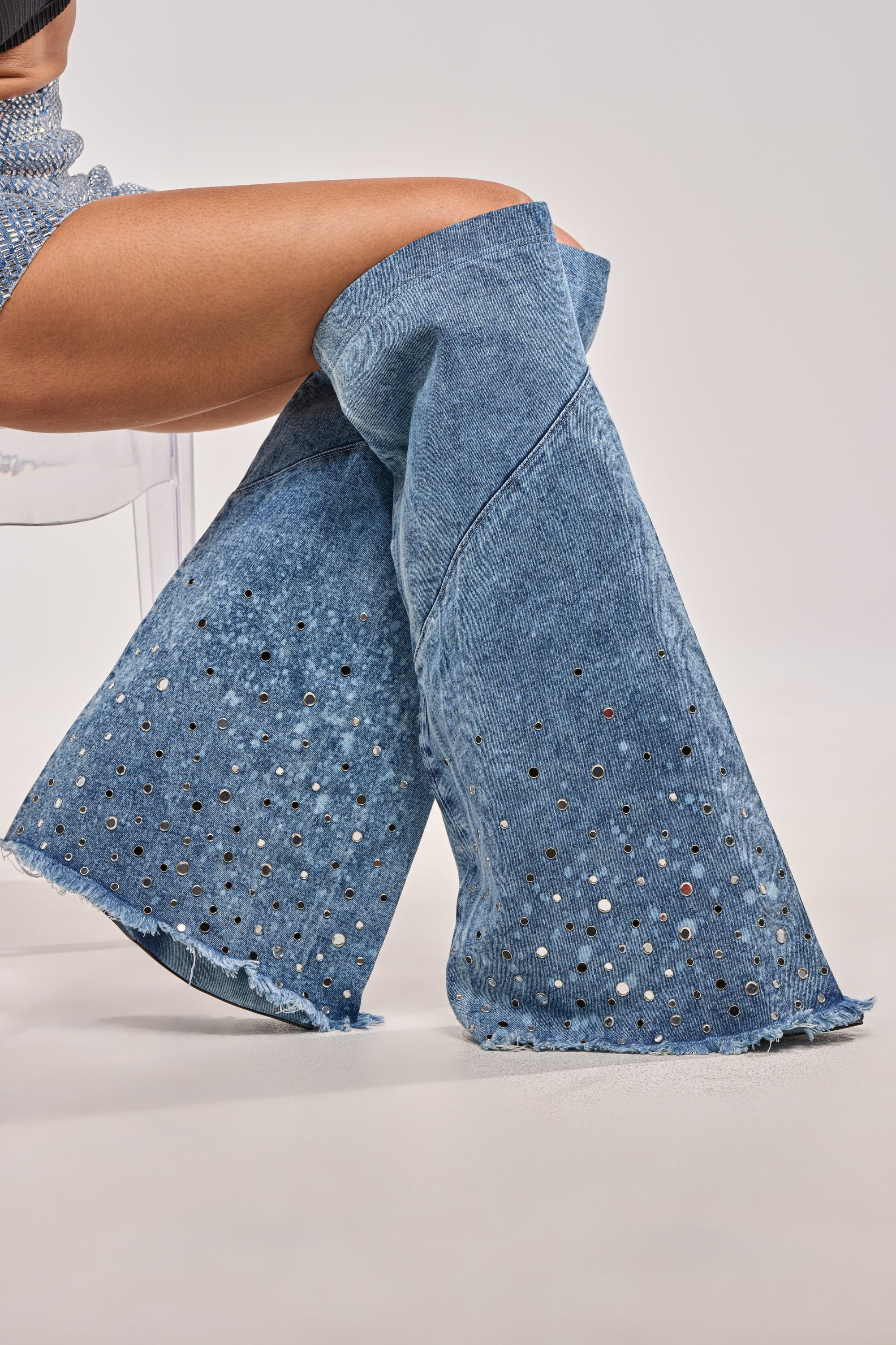 AKIRA WHYNOT DENIM RHINESTONE EMBELLISHED WEDGE BOOT