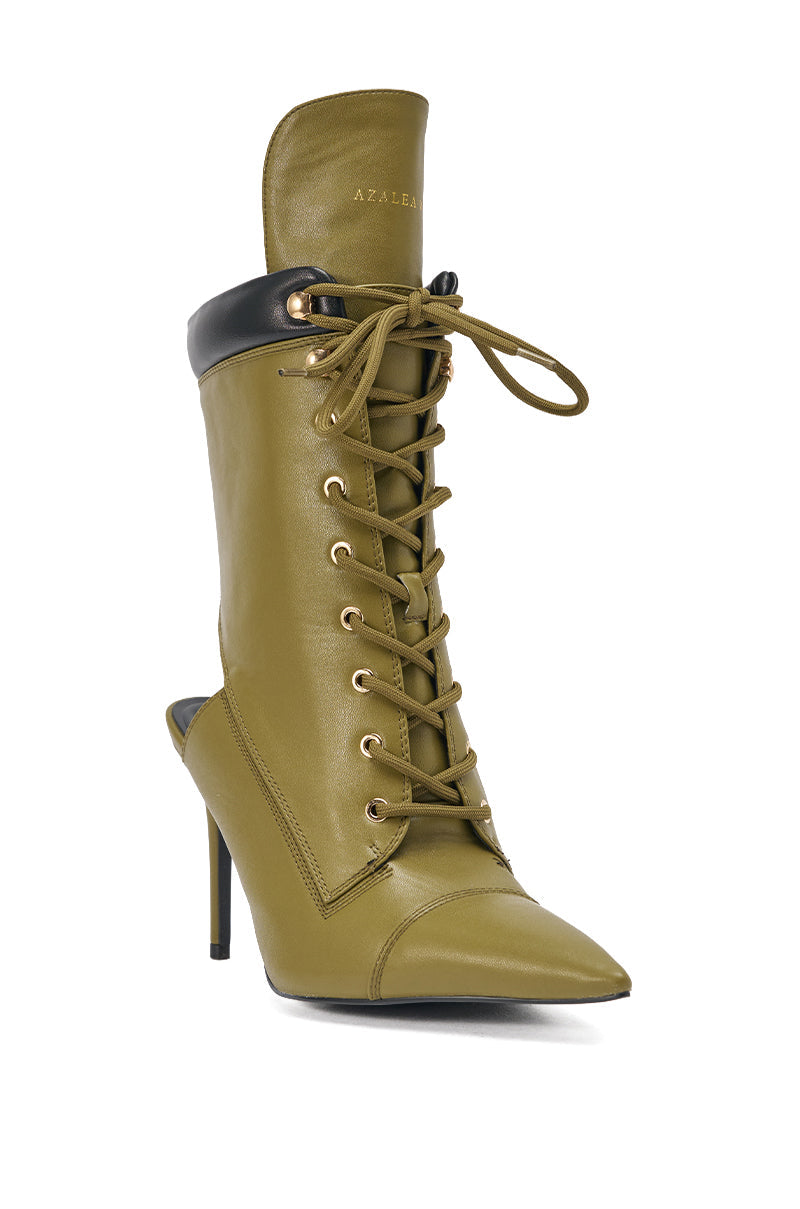 AZALEA WANG XIOMARA OLIVE LACE UP STILETTO BOOTIE
