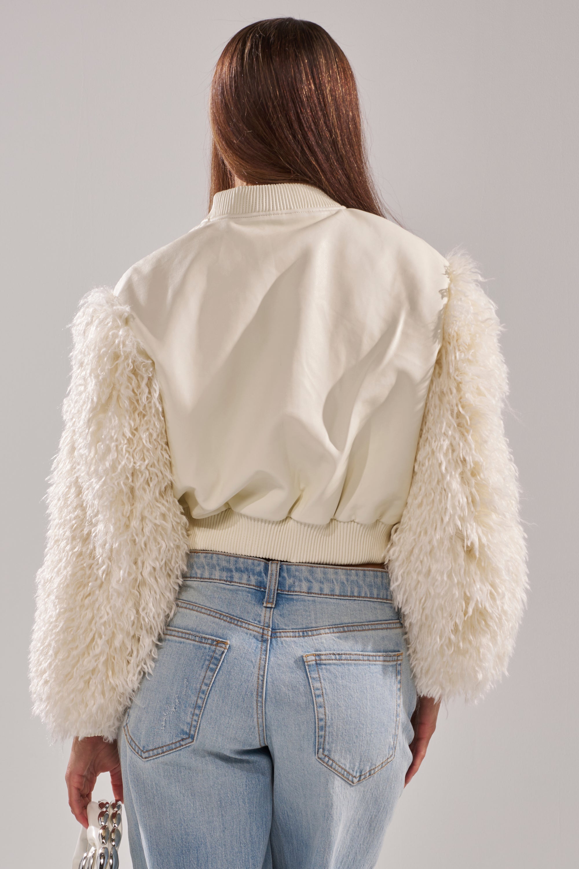 SO GOOD IT HURTS FUR SLEEVE BOMBER IN IVORY