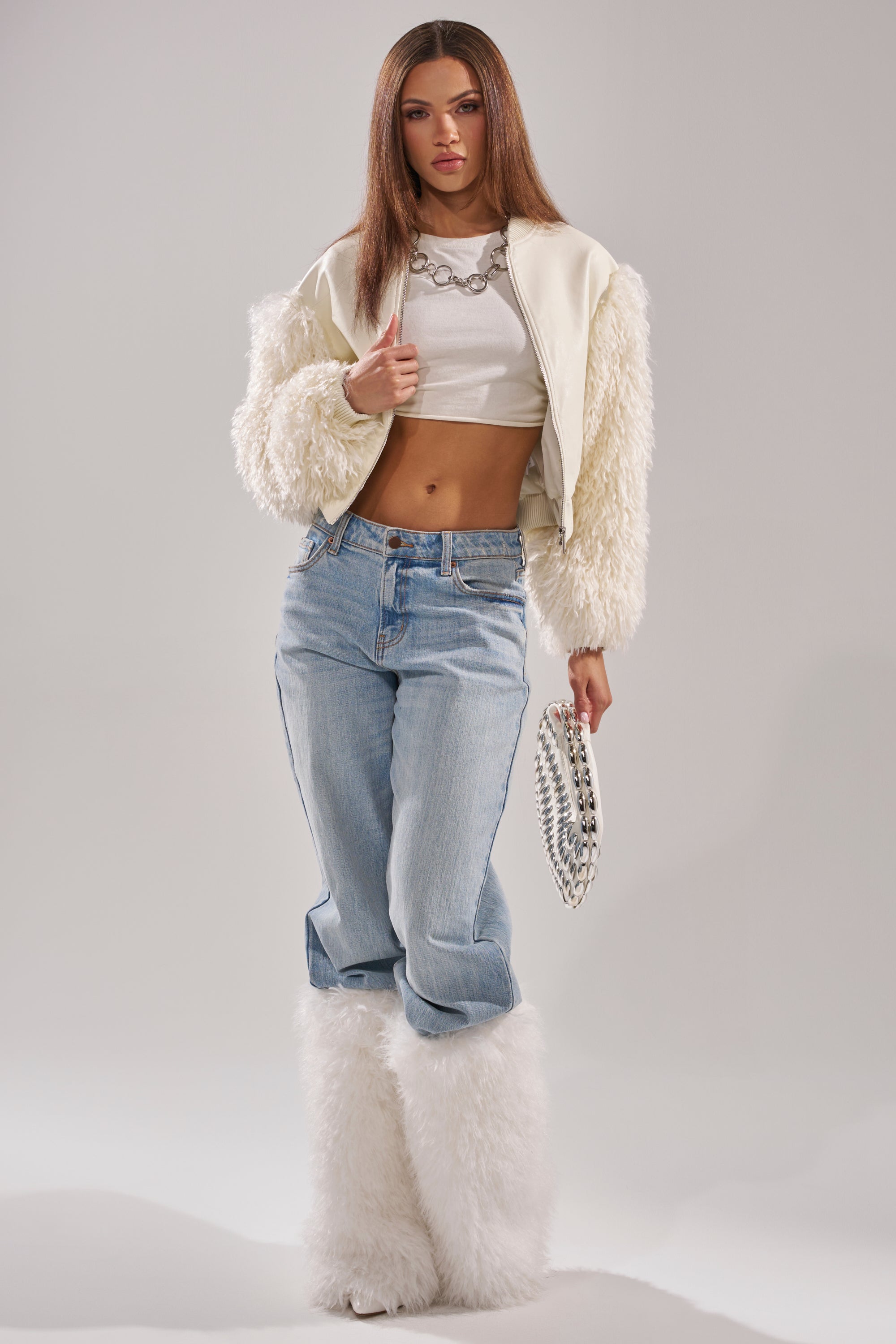 SO GOOD IT HURTS FUR SLEEVE BOMBER IN IVORY
