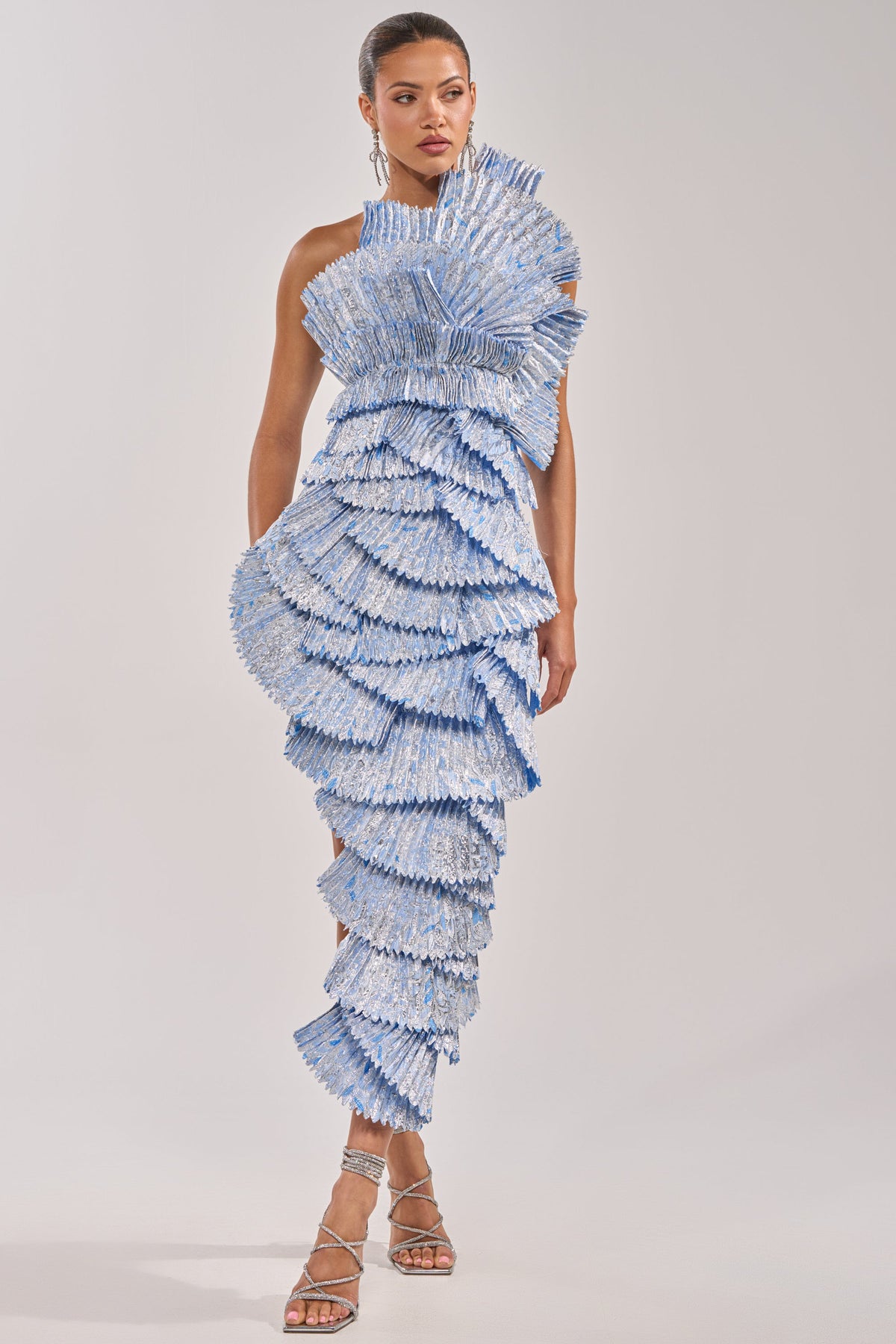 LUST FOR LIFE ASYMMETRICAL BROCADE MIDI DRESS IN BLUE