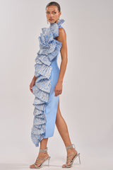 LUST FOR LIFE ASYMMETRICAL BROCADE MIDI DRESS IN BLUE