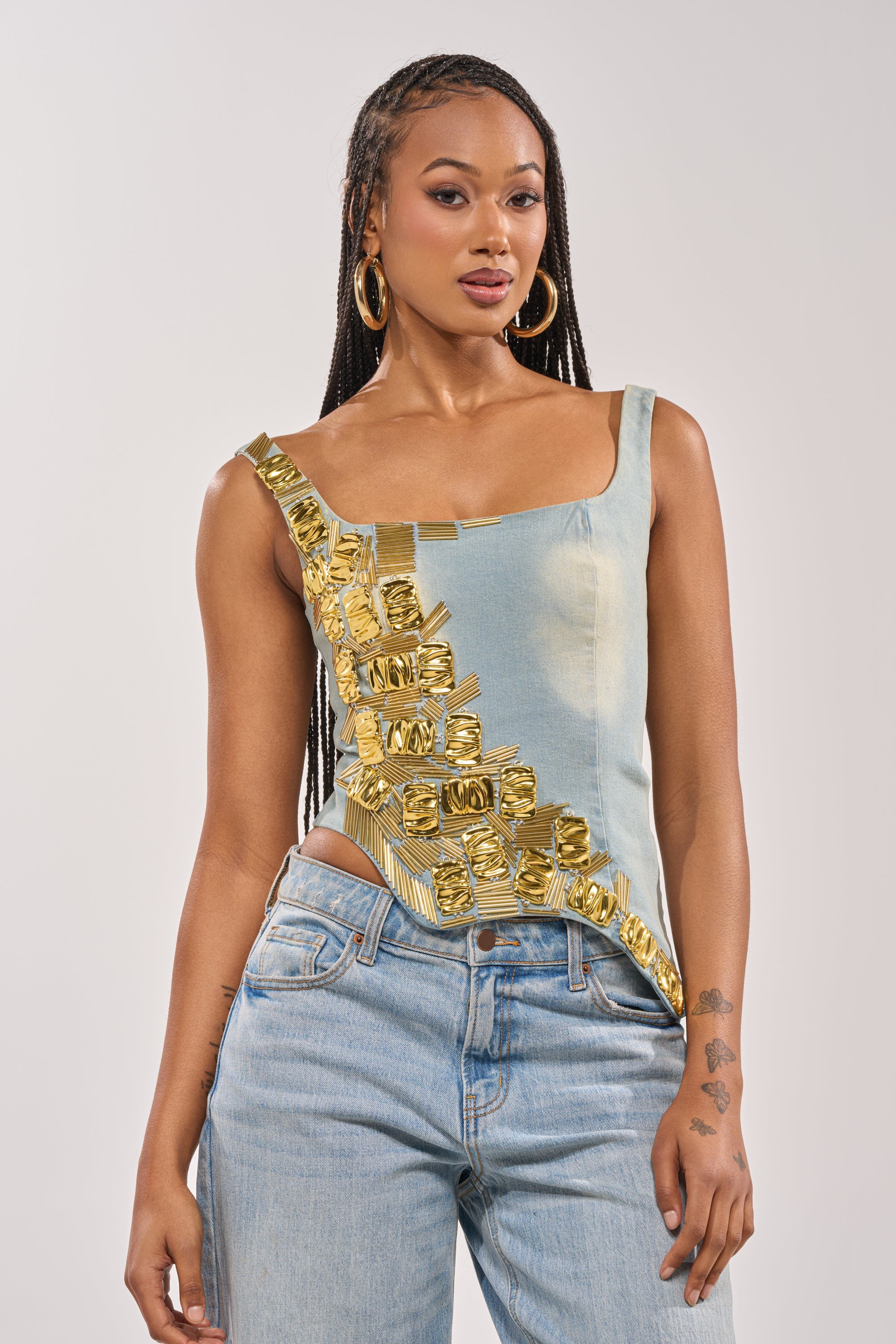 HAND BEADED LUX DENIM CORSET IN LIGHT BLUE DENIM