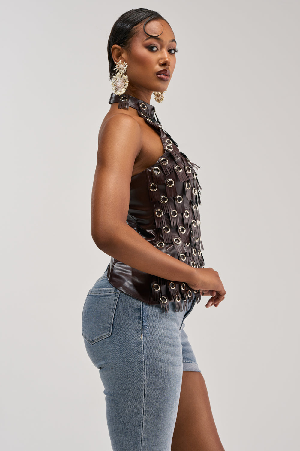 BRING ME LUCK FAUX LEATHER HALTER NECK