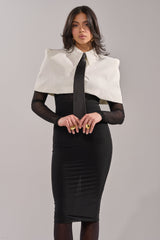 SHE MEANS BUSINESS TIE DETAIL MESH MIDI DRESS