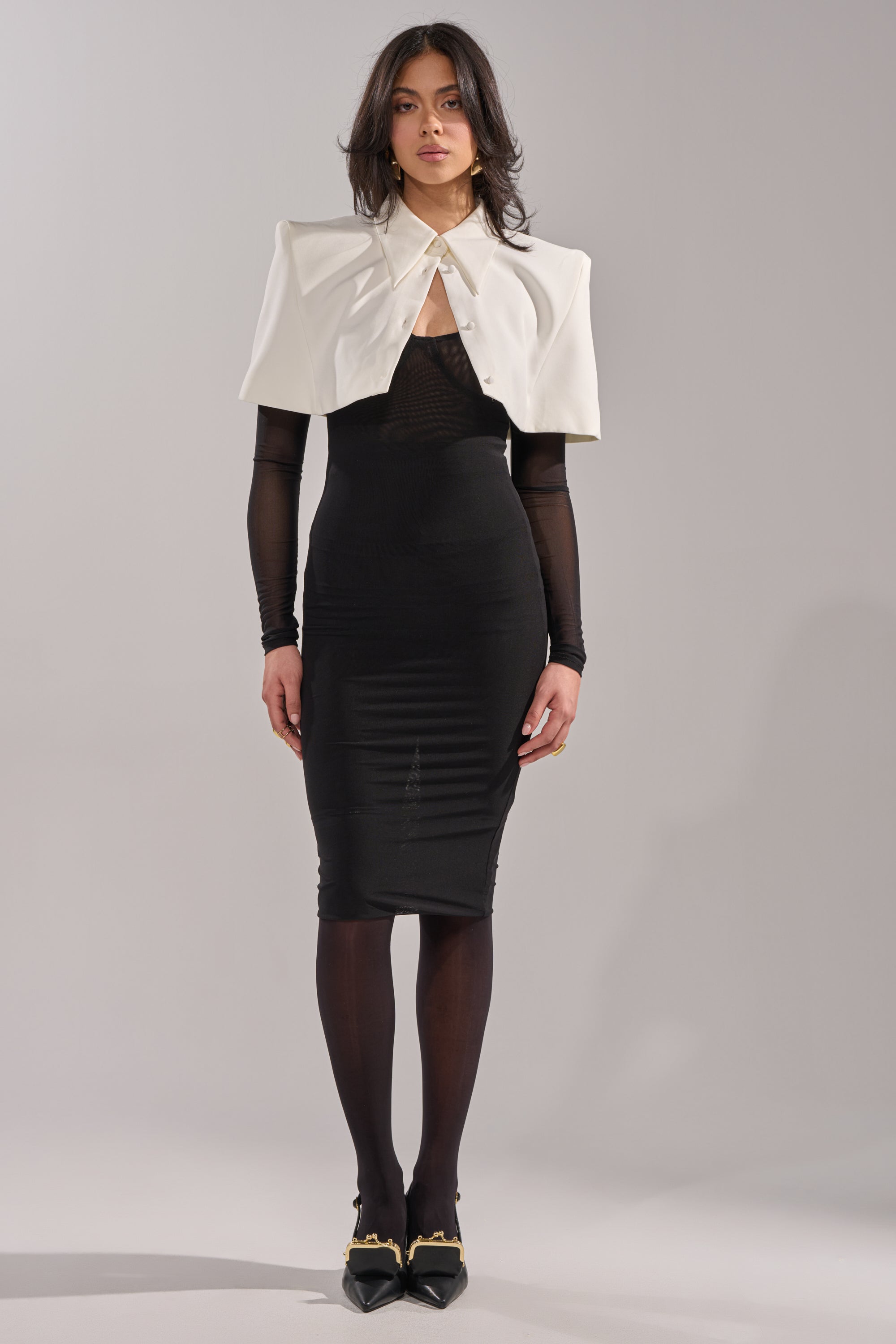 SHE MEANS BUSINESS TIE DETAIL MESH MIDI DRESS