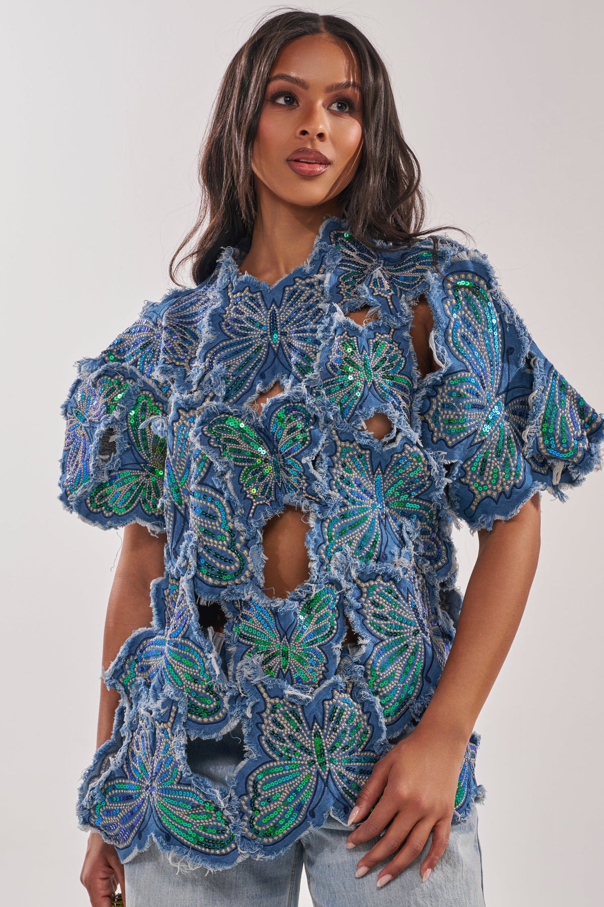 SPREAD YOUR WINGS DENIM TOP