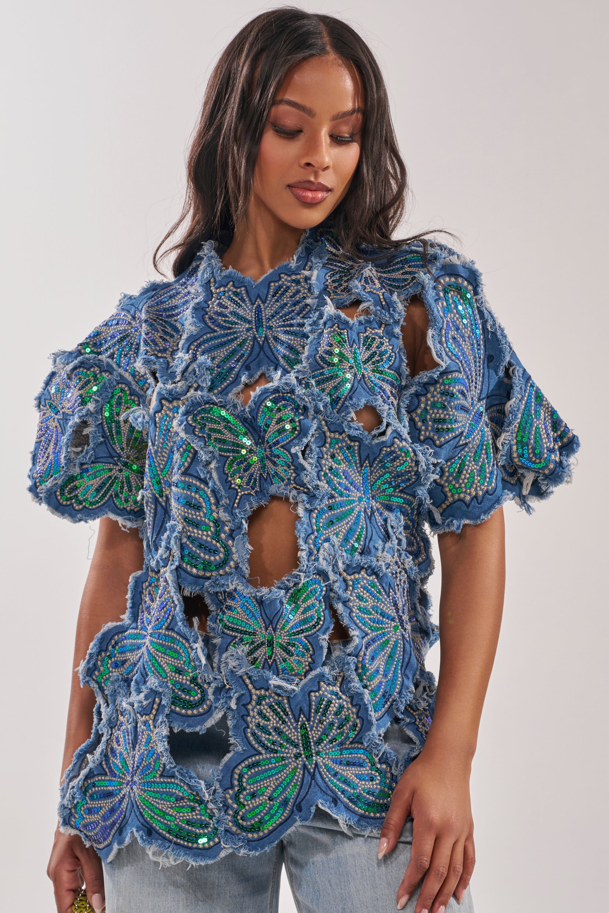SPREAD YOUR WINGS DENIM TOP