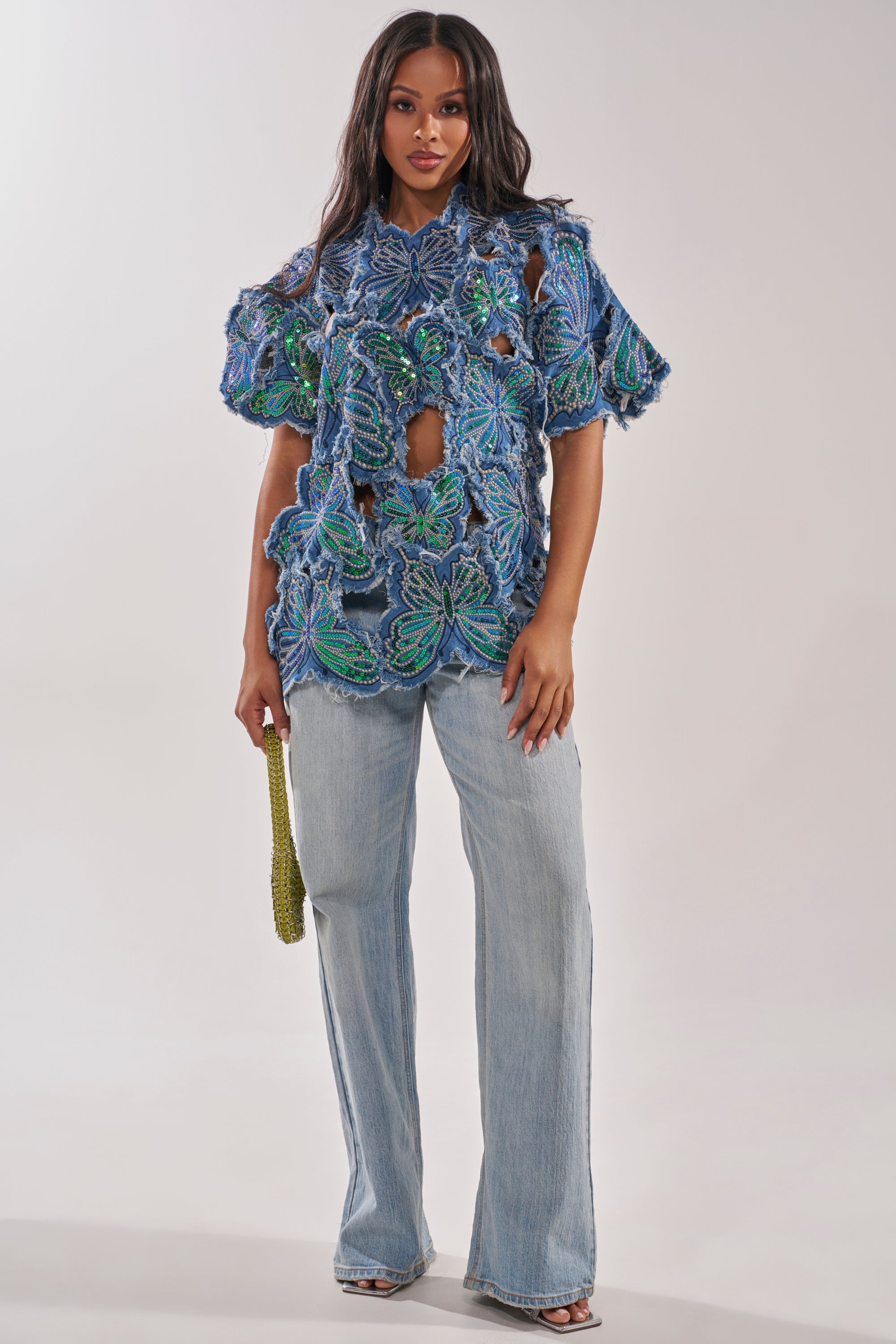 SPREAD YOUR WINGS DENIM TOP