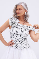 RUCHED POLKA DOT OFF THE SHOULDER TOP