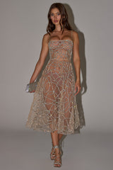 RIGHT THIS WAY RHINESTONE MIDI DRESS IN NUDE