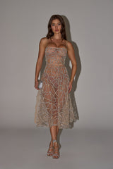 RIGHT THIS WAY RHINESTONE MIDI DRESS IN NUDE