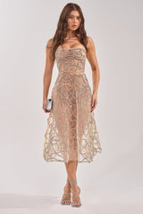 RIGHT THIS WAY RHINESTONE MIDI DRESS IN NUDE