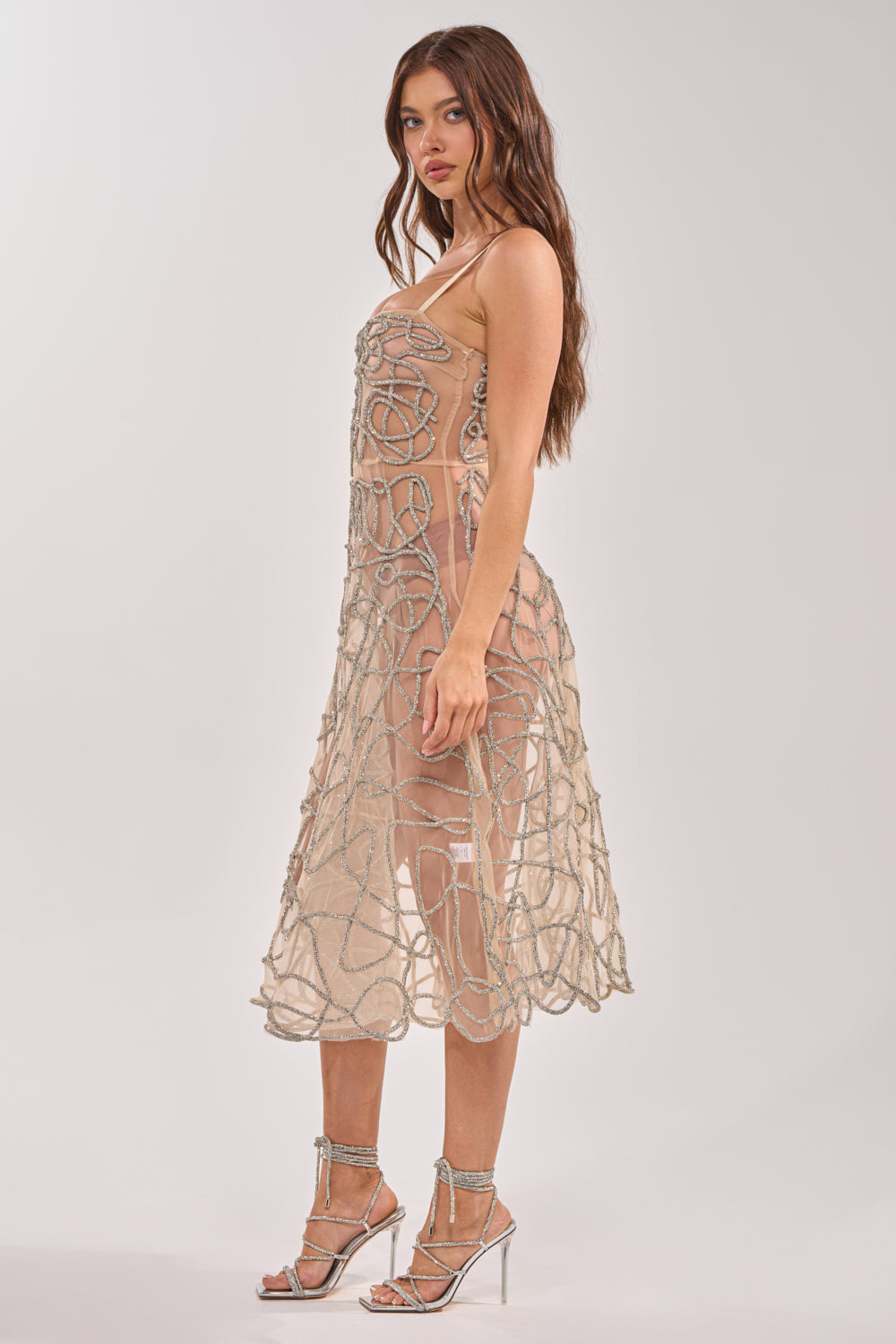 RIGHT THIS WAY RHINESTONE MIDI DRESS IN NUDE