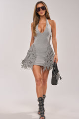 GAME CHANGER HALTER FRINGE MINI DRESS