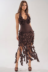 STANDING OVATION FLOCKED MAXI DRESS IN CHOCOLATE