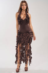STANDING OVATION FLOCKED MAXI DRESS IN CHOCOLATE
