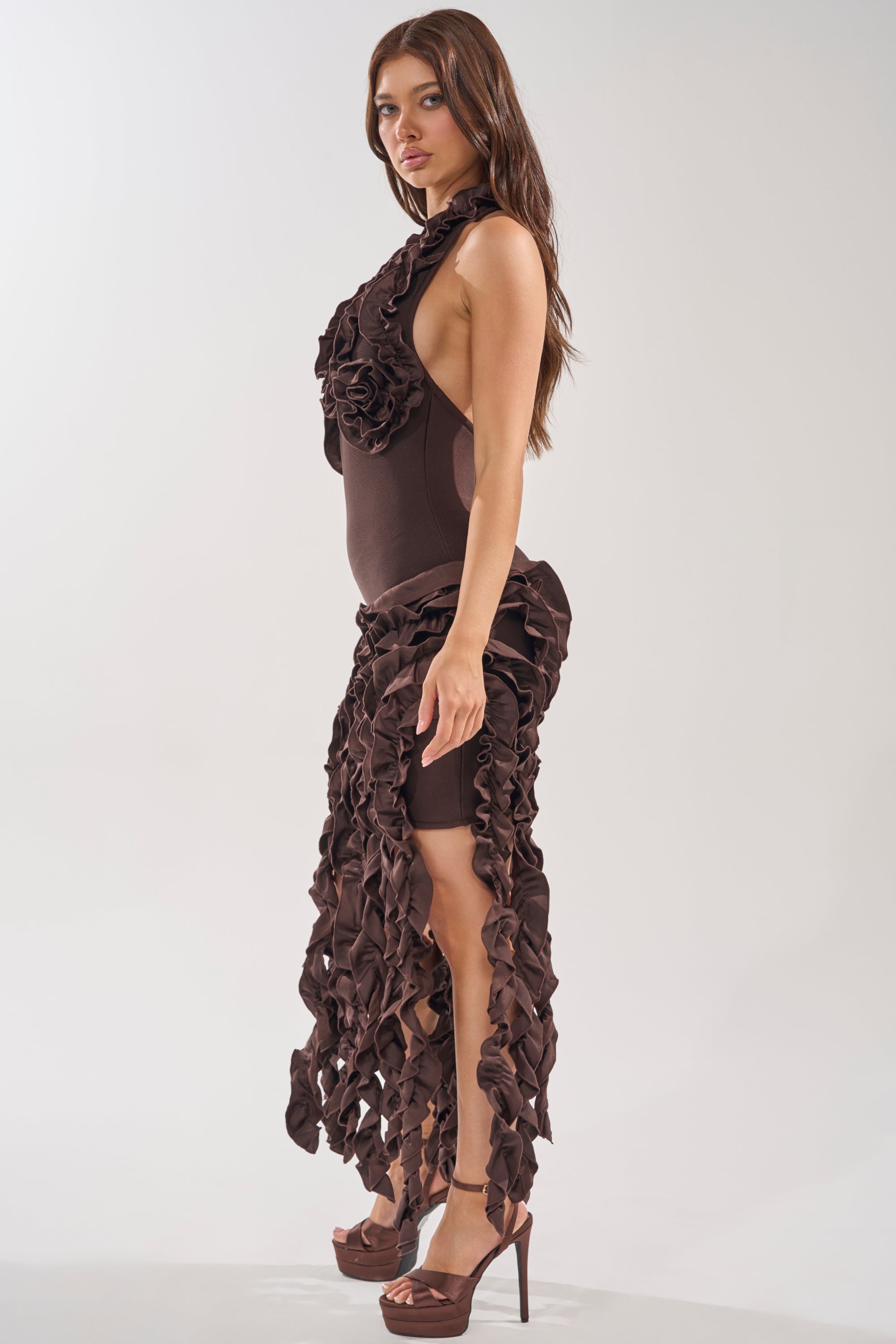STANDING OVATION FLOCKED MAXI DRESS IN CHOCOLATE