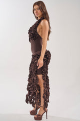 STANDING OVATION FLOCKED MAXI DRESS IN CHOCOLATE
