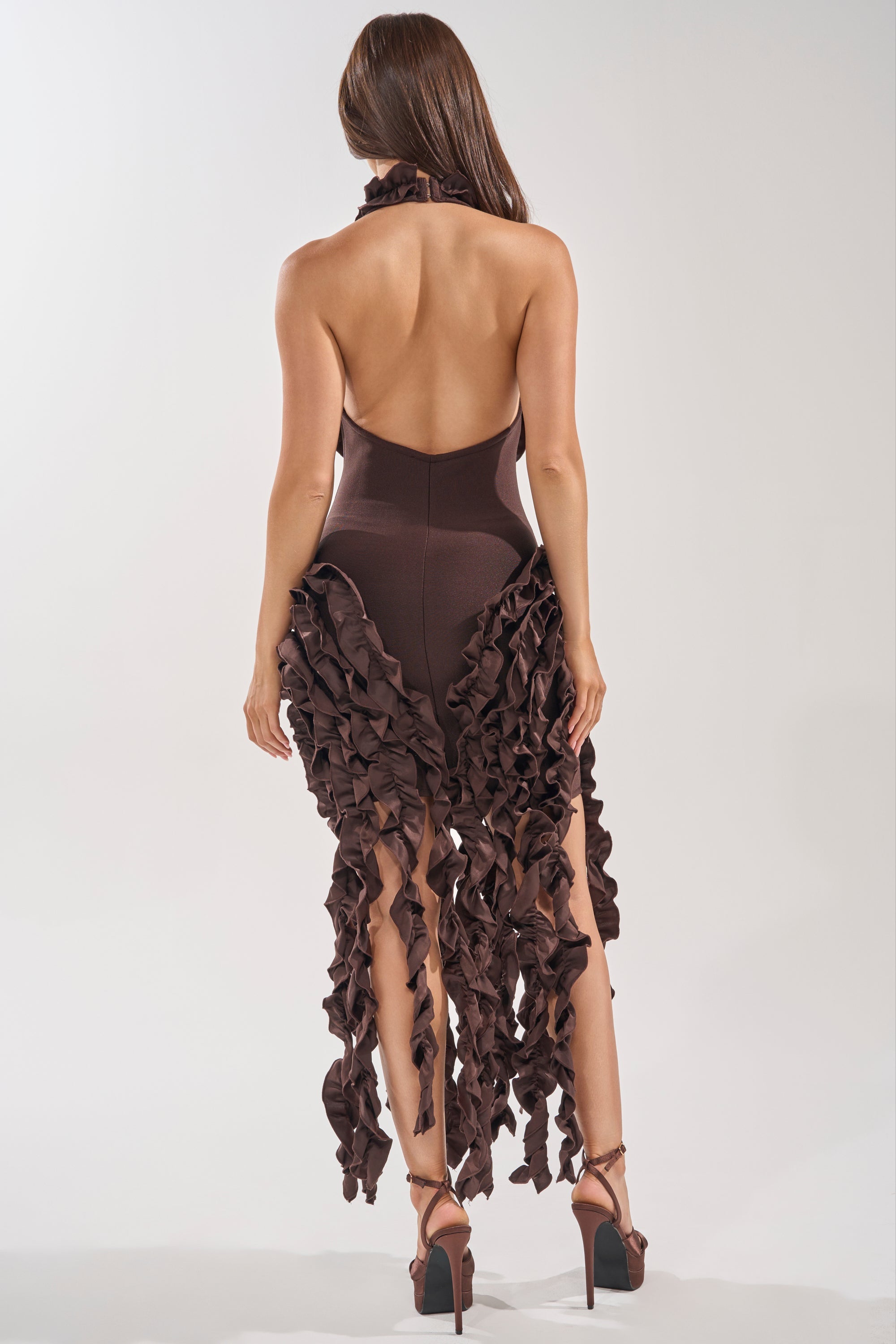 STANDING OVATION FLOCKED MAXI DRESS IN CHOCOLATE