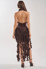 STANDING OVATION FLOCKED MAXI DRESS IN CHOCOLATE