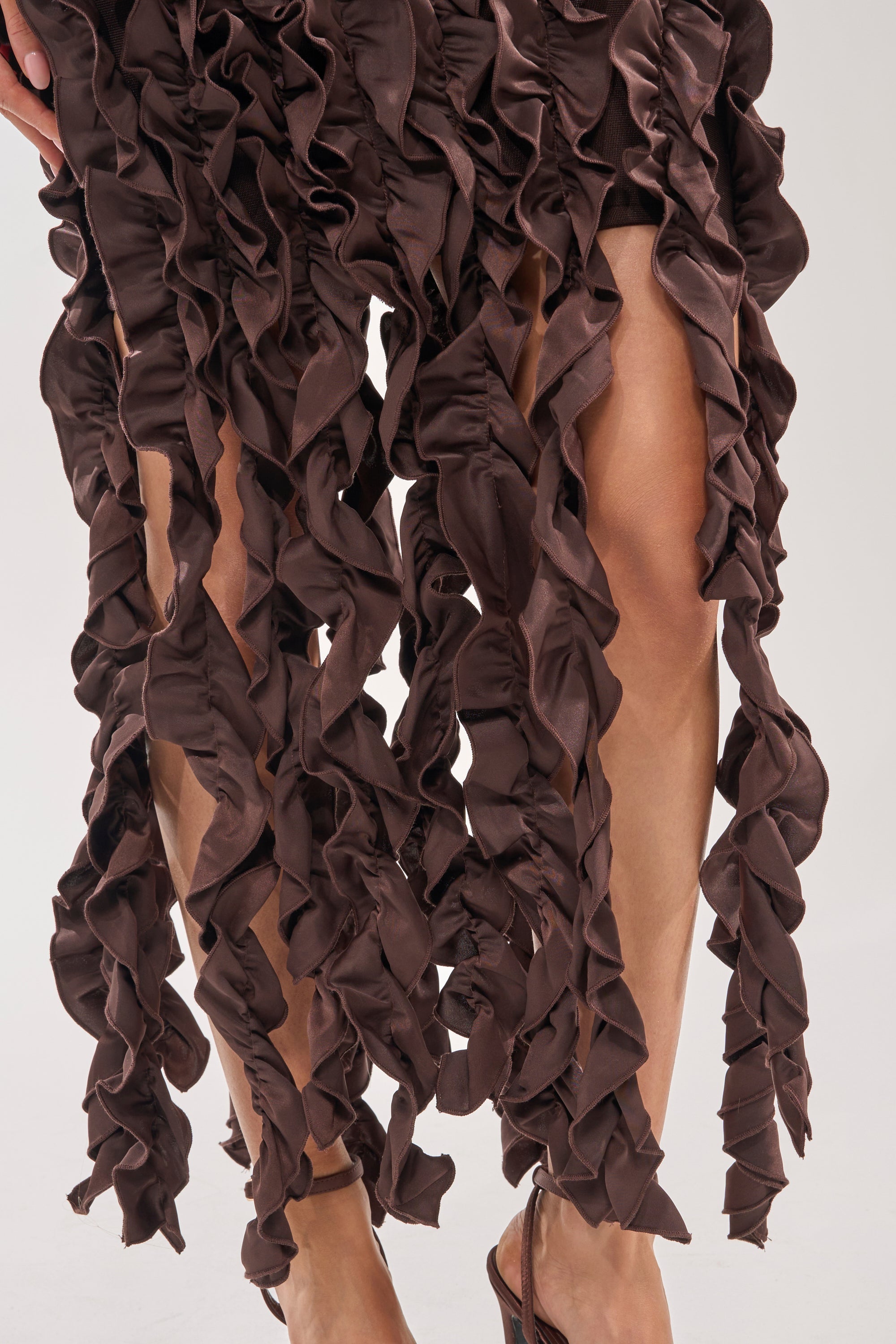 STANDING OVATION FLOCKED MAXI DRESS IN CHOCOLATE