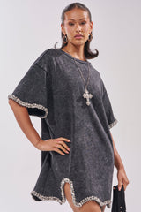 COOL GIRL EMBELLISHED TEE SHIRT DRESS IN BLACK