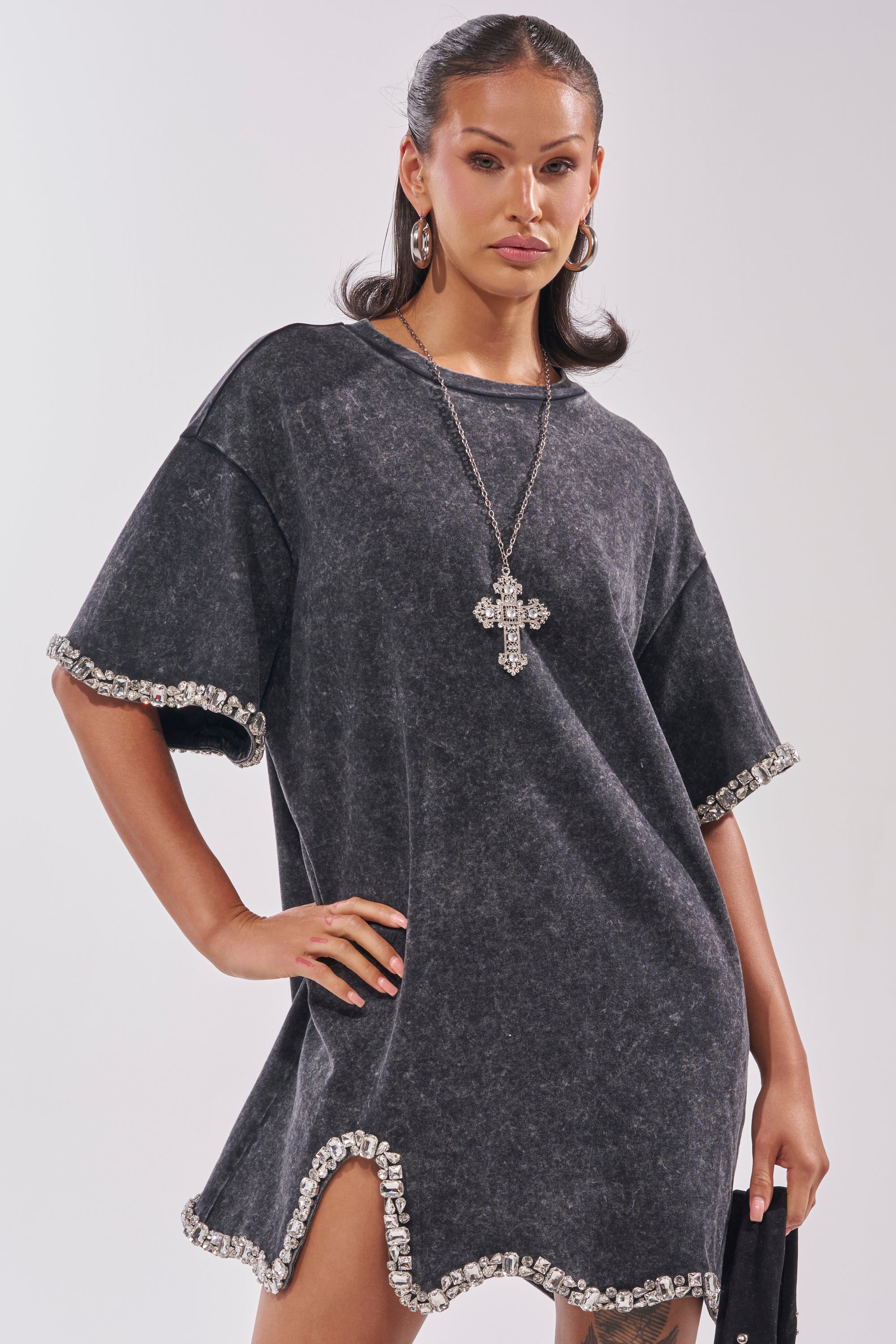 COOL GIRL EMBELLISHED TEE SHIRT DRESS IN BLACK