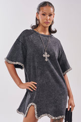 COOL GIRL EMBELLISHED TEE SHIRT DRESS IN BLACK