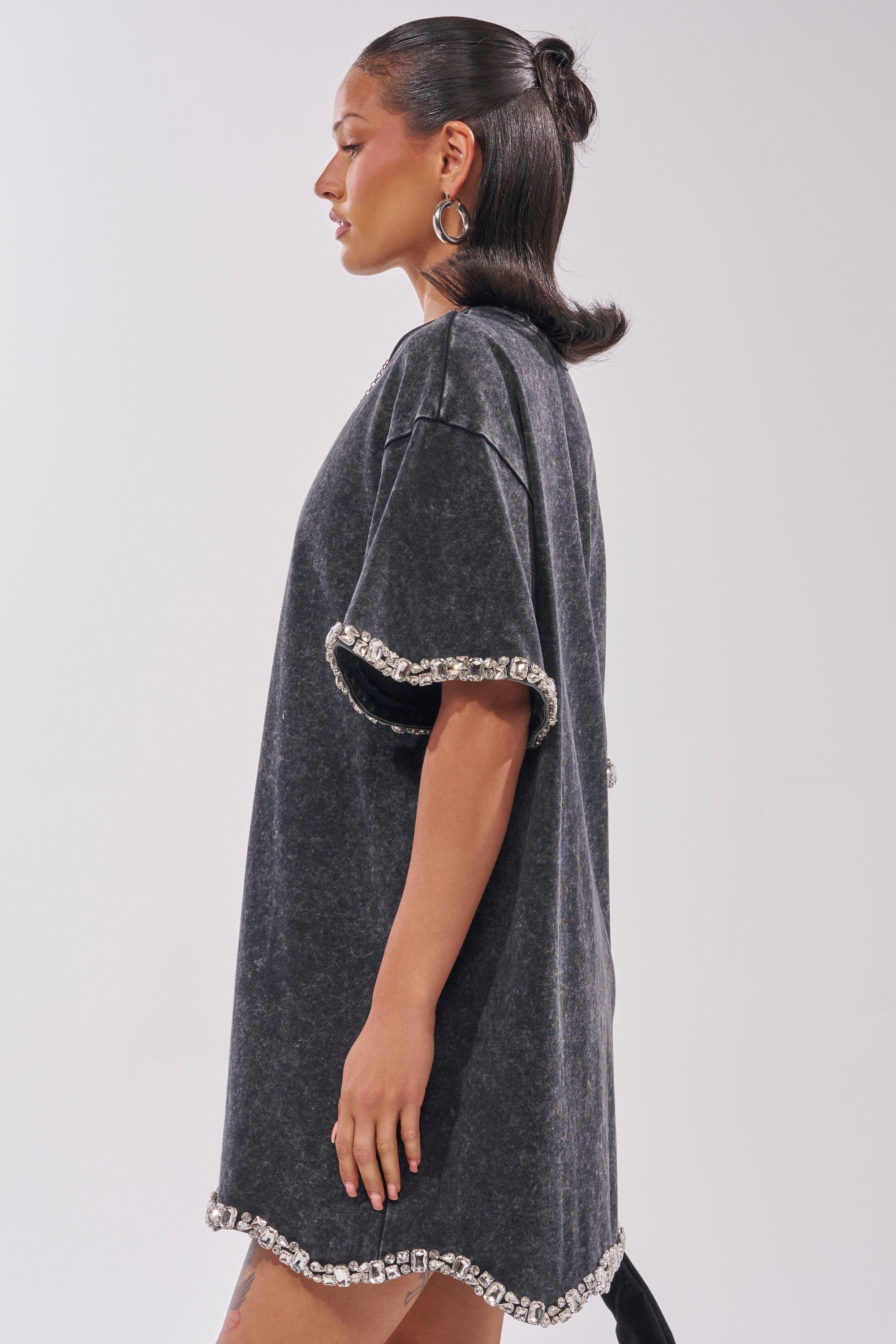 COOL GIRL EMBELLISHED TEE SHIRT DRESS IN BLACK