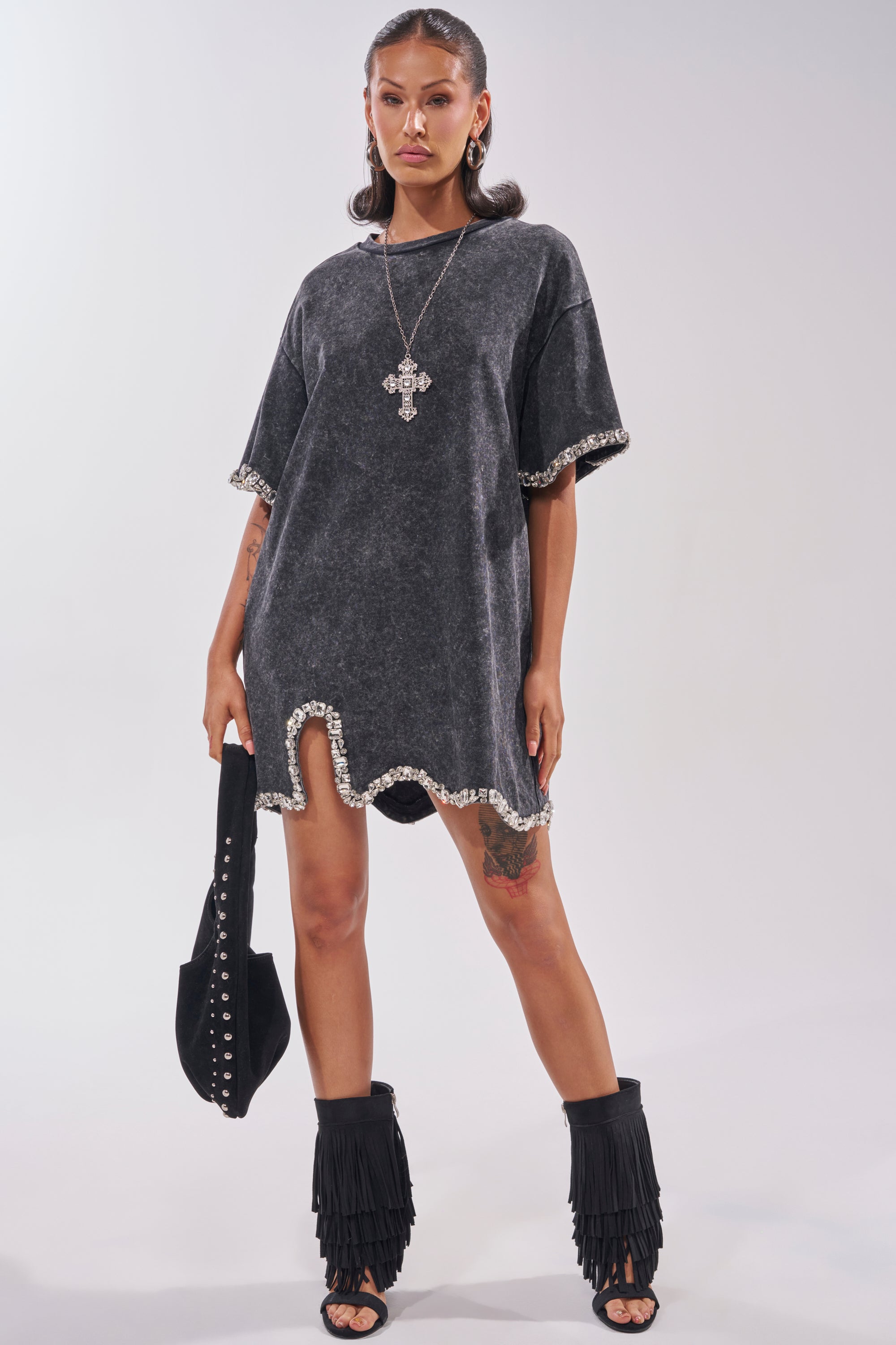 COOL GIRL EMBELLISHED TEE SHIRT DRESS IN BLACK