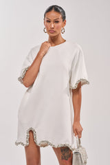 COOL GIRL EMBELLISHED TEE SHIRT DRESS IN WHITE