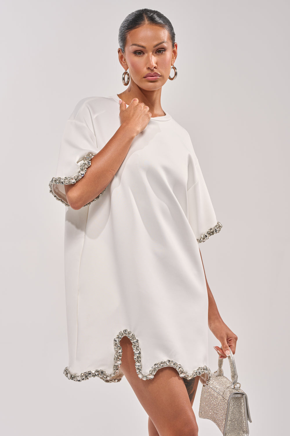 COOL GIRL EMBELLISHED TEE SHIRT DRESS IN WHITE