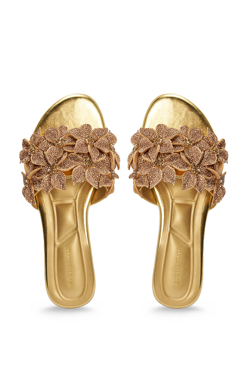 AZALEA WANG YUNA GOLD FLAT GOLD RHINESTONE EMBELLISHED SLIP ON SANDAL