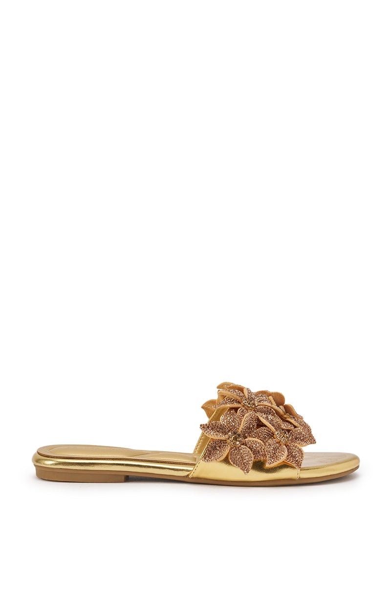 AZALEA WANG YUNA GOLD FLAT GOLD RHINESTONE EMBELLISHED SLIP ON SANDAL
