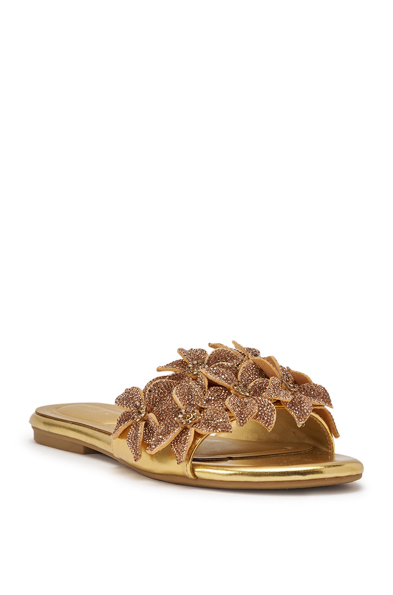 AZALEA WANG YUNA GOLD FLAT GOLD RHINESTONE EMBELLISHED SLIP ON SANDAL
