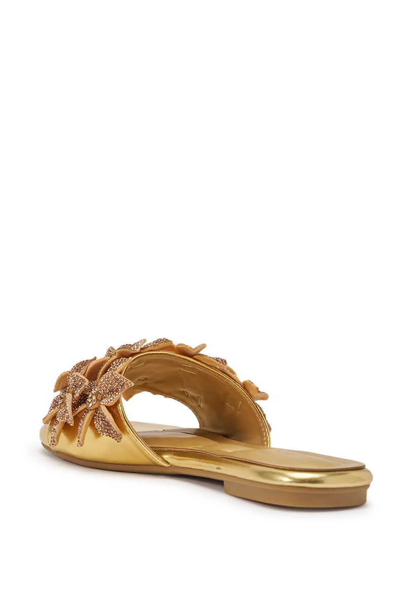 AZALEA WANG YUNA GOLD FLAT GOLD RHINESTONE EMBELLISHED SLIP ON SANDAL