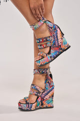 AKIRA GOLD ZANIA BUTTERFLY MULTI PRINT FRINGE EMBELLISHED WEDGE SANDAL