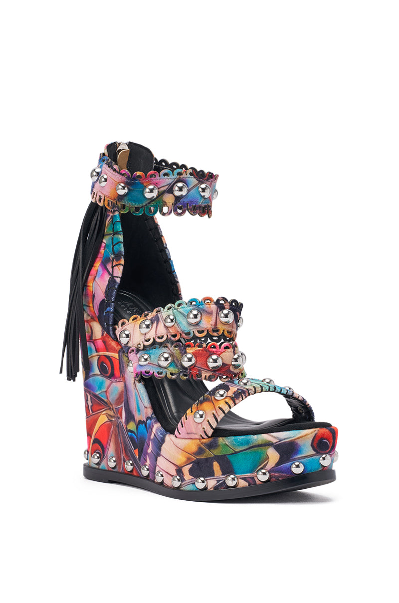 AKIRA GOLD ZANIA BUTTERFLY MULTI PRINT FRINGE EMBELLISHED WEDGE SANDAL