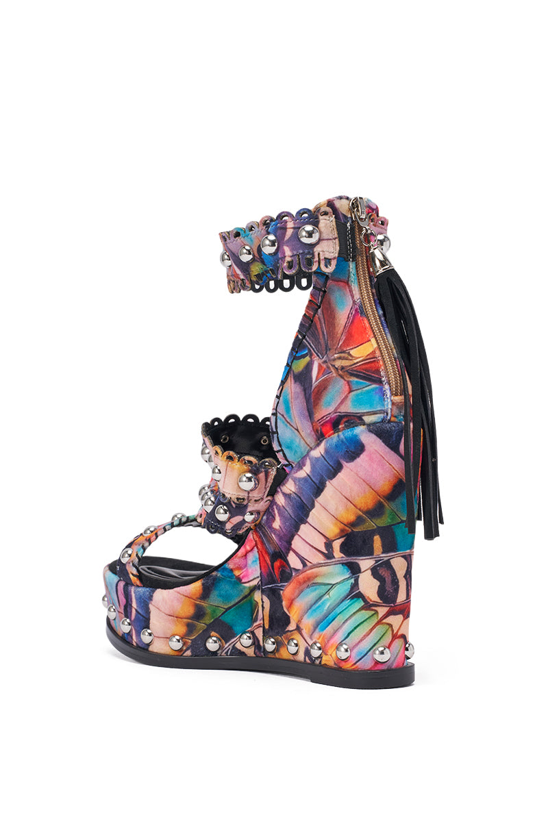 AKIRA GOLD ZANIA BUTTERFLY MULTI PRINT FRINGE EMBELLISHED WEDGE SANDAL