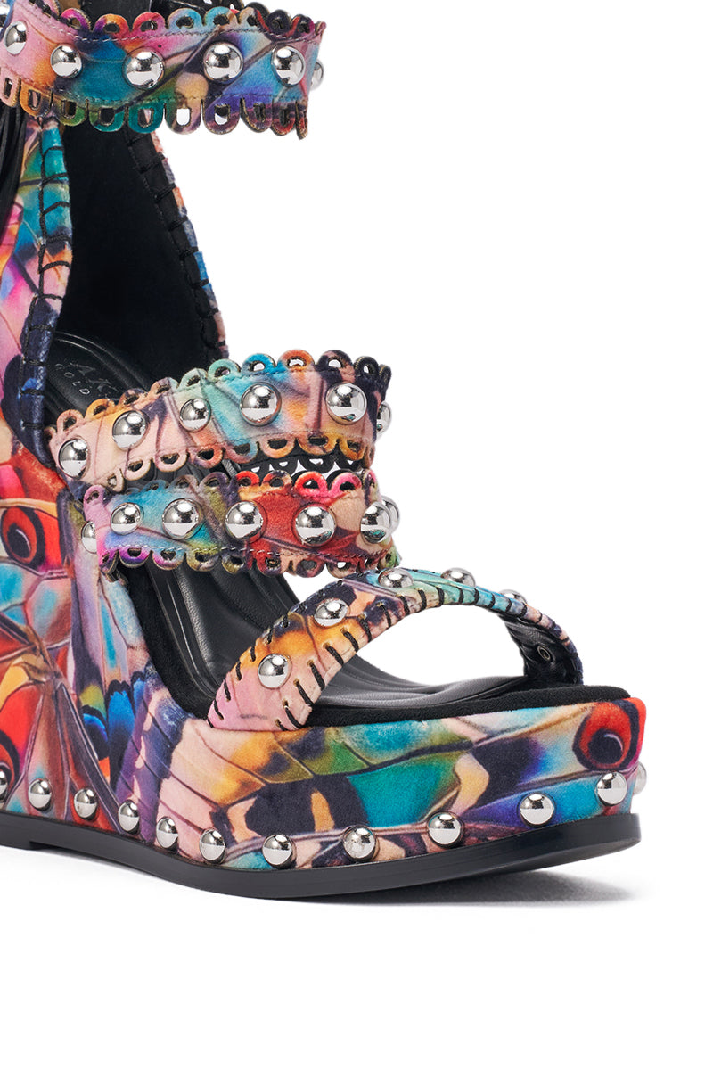 AKIRA GOLD ZANIA BUTTERFLY MULTI PRINT FRINGE EMBELLISHED WEDGE SANDAL