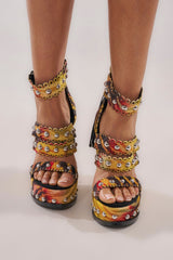 AKIRA GOLD ZANIA TIGER MULTI PRINT FRINGE EMBELLISHED WEDGE SANDAL