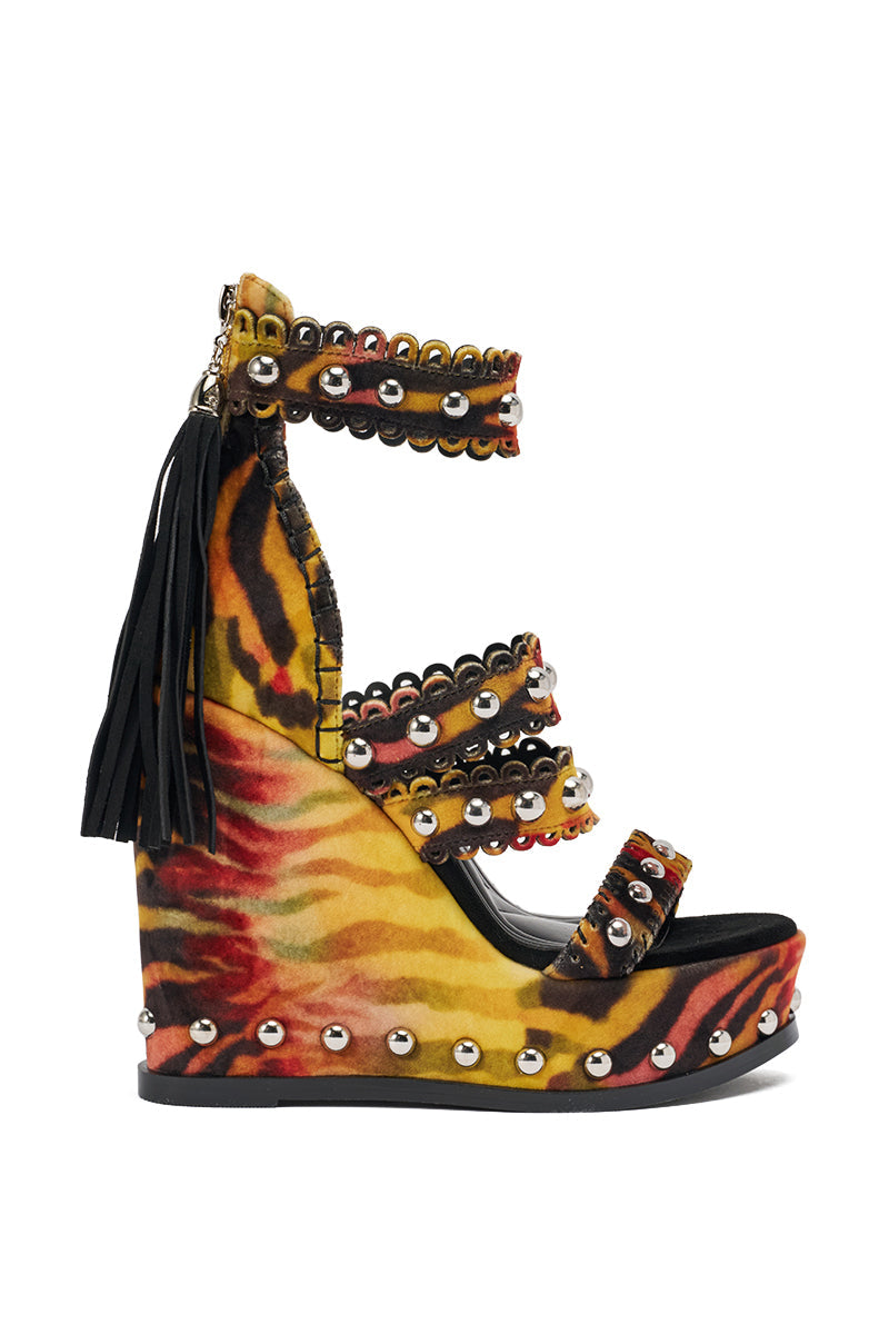 AKIRA GOLD ZANIA TIGER MULTI PRINT FRINGE EMBELLISHED WEDGE SANDAL