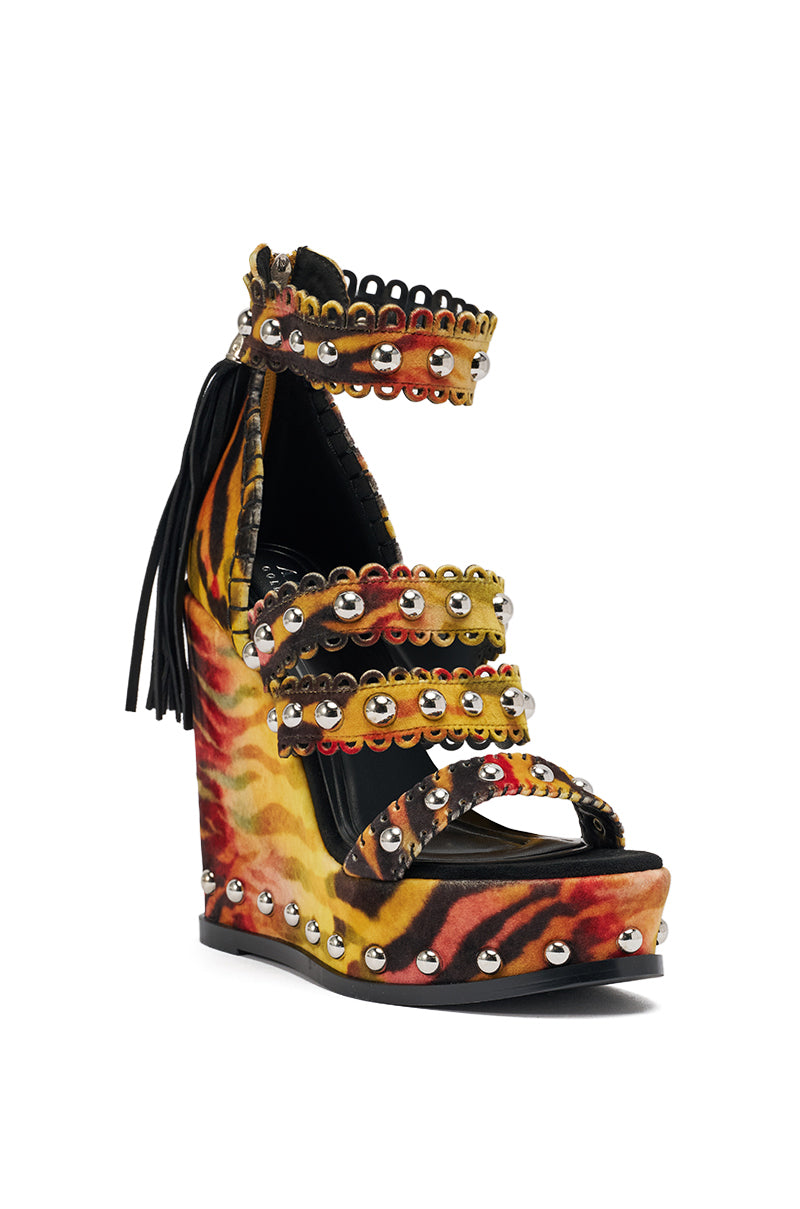 AKIRA GOLD ZANIA TIGER MULTI PRINT FRINGE EMBELLISHED WEDGE SANDAL